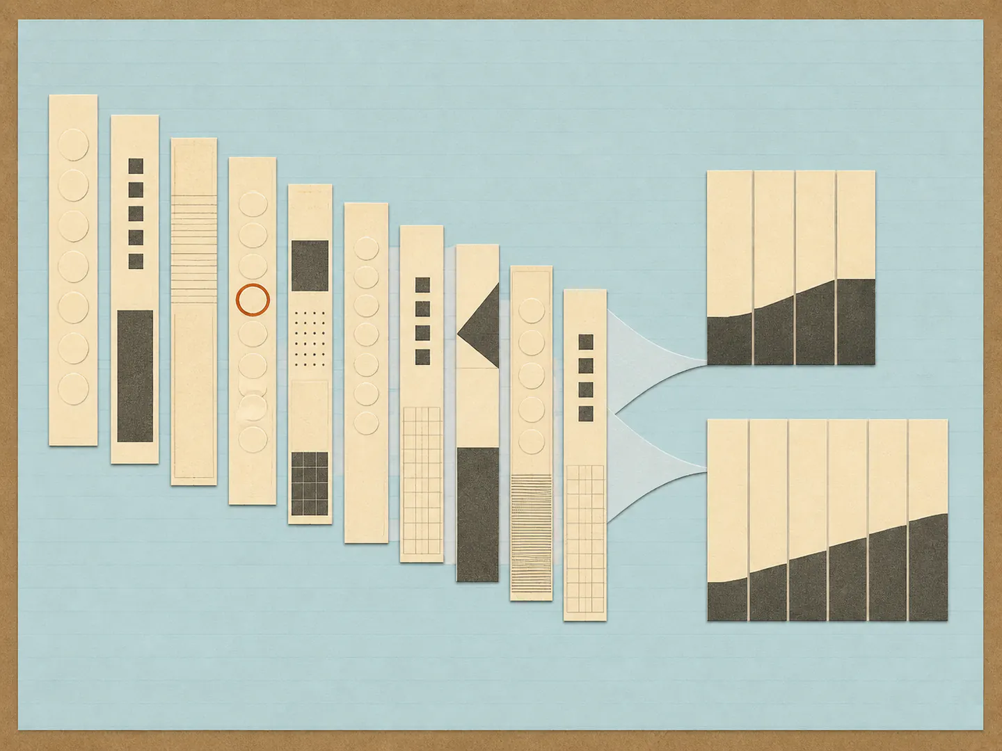 Ten abstract form strips separating into a group of four and a group of six